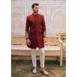 ZGMS1117 OU Crimson Red Karandi Sherwani