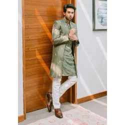 ZGMS1119 Laurel Green Raw Silk Sherwani
