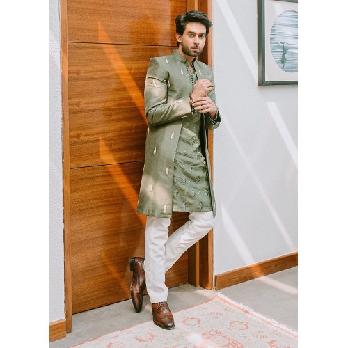 ZGMS1119 Laurel Green Raw Silk Sherwani