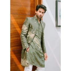ZGMS1119 Laurel Green Raw Silk Sherwani