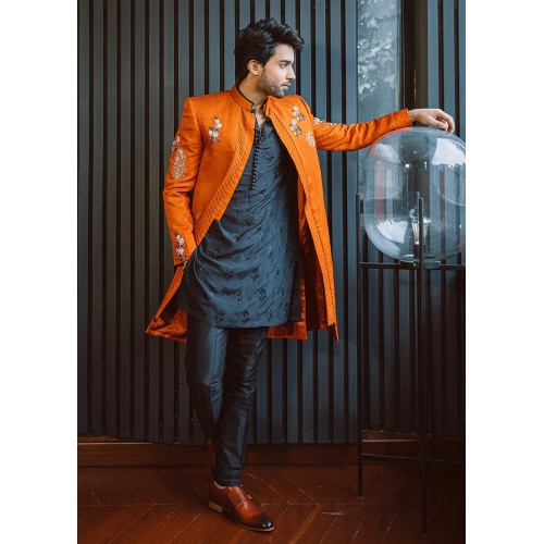 ZGMS1120 Safety Orange Jamawar Sherwani