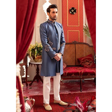 ZGMS1121 Shadow Blue Raw Silk Sherwani ZGMS1121 Shadow Blue Raw Silk Sherwani
