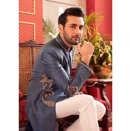 ZGMS1121 Shadow Blue Raw Silk Sherwani ZGMS1121 Shadow Blue Raw Silk Sherwani