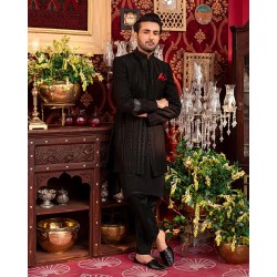 ZGMS1123 Black Raw Silk Sherwani