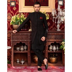 ZGMS1123 Black Raw Silk Sherwani