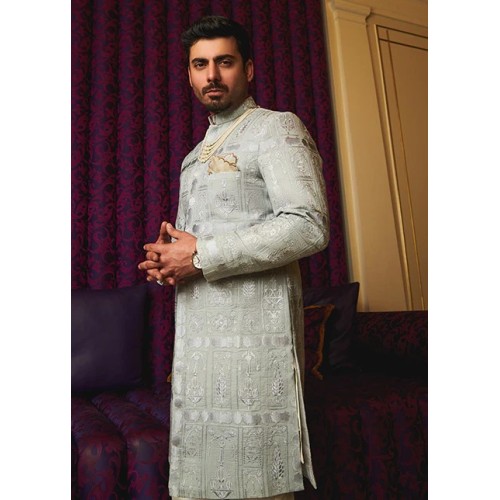 ZGMS1124 Platinum Raw Silk Sherwani