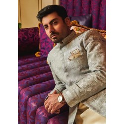 ZGMS1124 Platinum Raw Silk Sherwani