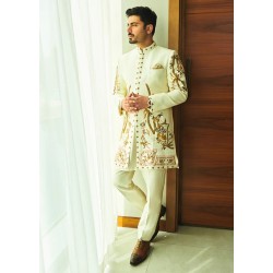ZGMS1125 Off White Raw Silk Sherwani