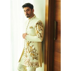 ZGMS1125 Off White Raw Silk Sherwani