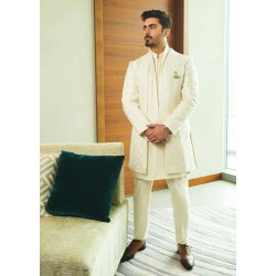 ZGMS1126 White Raw Silk Sherwani