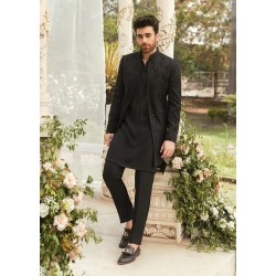 ZGMS1128 Black Raw Silk Sherwani