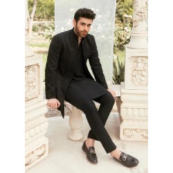 ZGMS1128 Black Raw Silk Sherwani