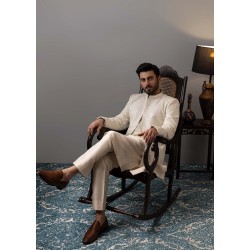 ZGMS1129 Off White Raw Silk Sherwani