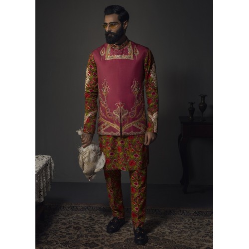ZGMW1012 Indian Red Raw Silk Waistcoat