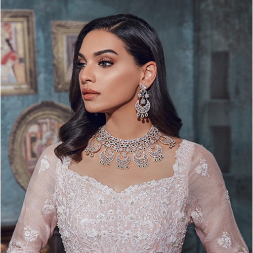 ZGJ1044 925 Sterling Silver Emerald Necklace and Chandbali Earrings