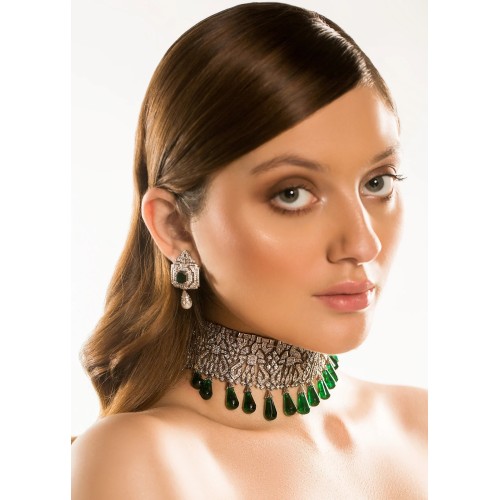 ZGJ1258 925 Sterling Silver Emerald and Pearl Choker and Earrings Set