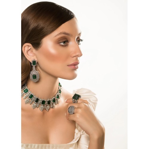 ZGJ1259 925 Sterling Silver Emerald Necklace and Earrings Set