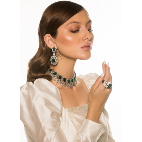 ZGJ1259 925 Sterling Silver Emerald Necklace and Earrings Set