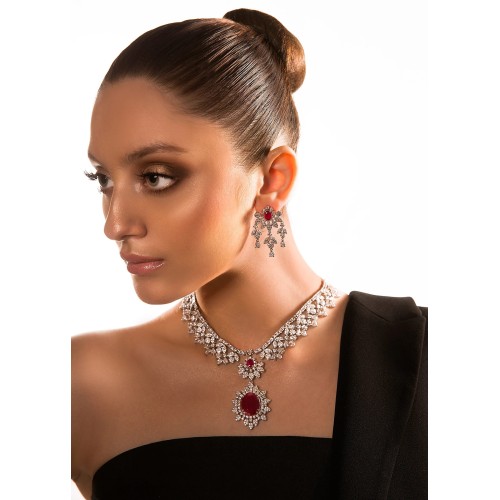 ZGJ1260 925 Sterling Silver Ruby Necklace and Earrings Set