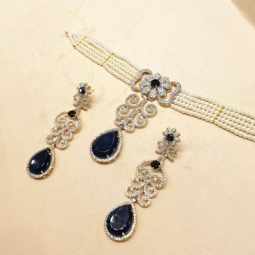 ZGJ1296 925 Sterling Silver Dark Indigo Choker and Earrings ZGJ1296 925 Sterling Silver Dark Indigo Choker and Earrings