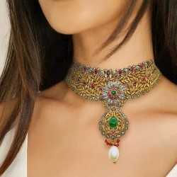 ZGJ1364 925 Sterling Silver Ruby Emerald Choker and Earrings