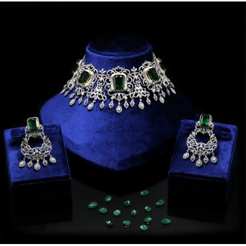 ZGJ1407 925 Sterling Silver Emerald Choker and Earrings