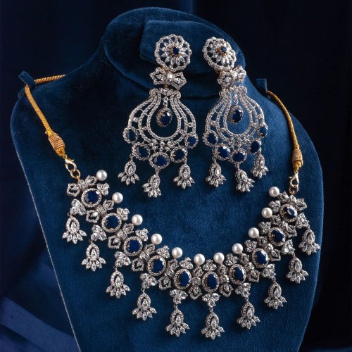 ZGJ1415 925 Sterling Silver Sapphire Necklace and Earrings