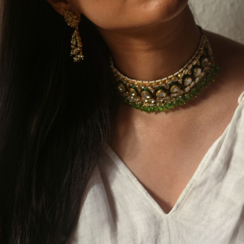 ZGJ1509 925 Sterling Silver Kundan Choker and Earrings