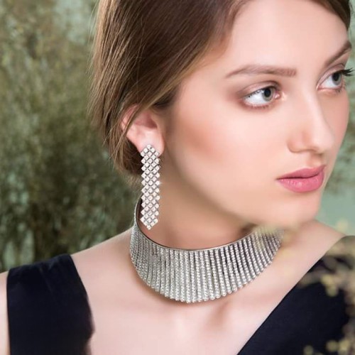 ZGJ1563 925 Sterling Silver Zircon Choker and Earrings