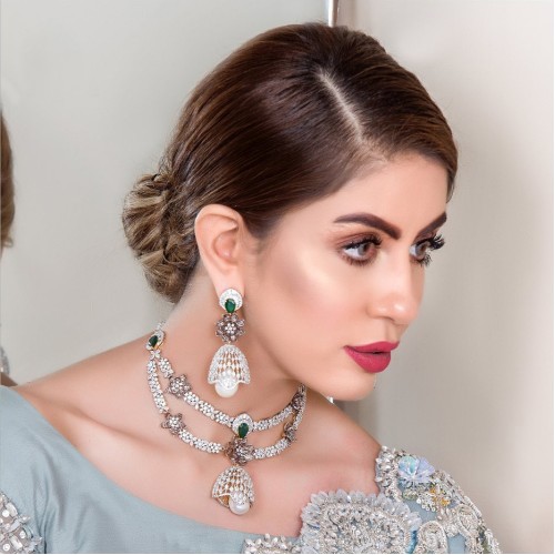 ZGJ1623 925 Sterling Silver Pearl Necklace and Jhumka Earrings