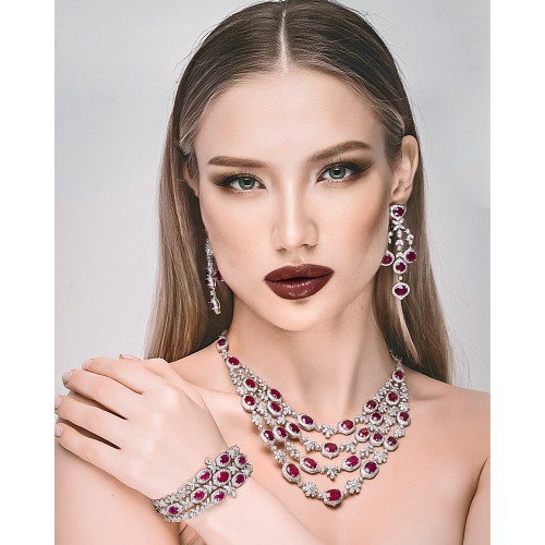 ZGJ1678 925 Sterling Silver Ruby Necklace and Earrings