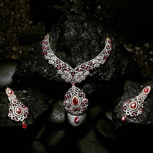 ZGJ1783 925 Sterling Silver Siam Fuchsia Necklace and Earrings