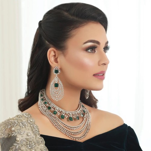 ZGJ1803 925 Sterling Silver Emerald Necklace and Earrings