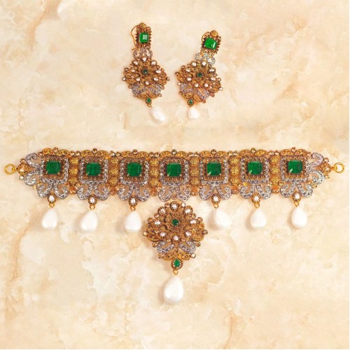 ZGJ1811 925 Sterling Silver Emerald Choker and Earrings