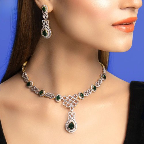ZGJ1839 925 Sterling Silver Emerald Necklace and Earrings