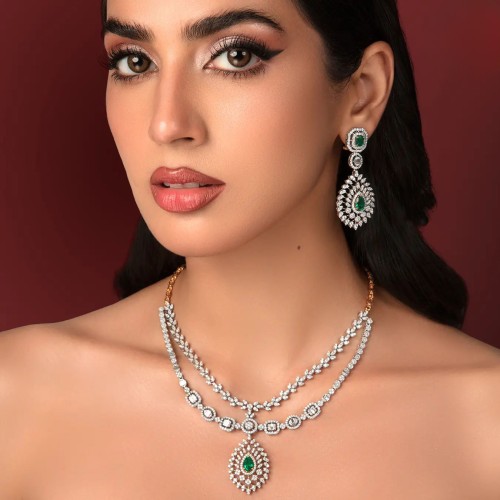 ZGJ1848 925 Sterling Silver Emerald Necklace and Earrings