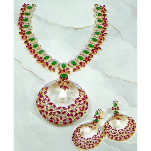 ZGJ1849 925 Sterling Silver Ruby Emerald Necklace and Earrings