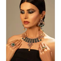 ZGJ1987 925 Sterling Silver Emerald Pearl Jewellery Set
