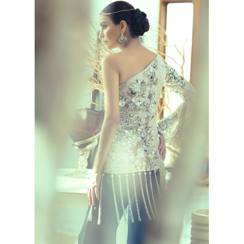 Off White and Dark Blue Syringa One Shoulder Top and Trousers